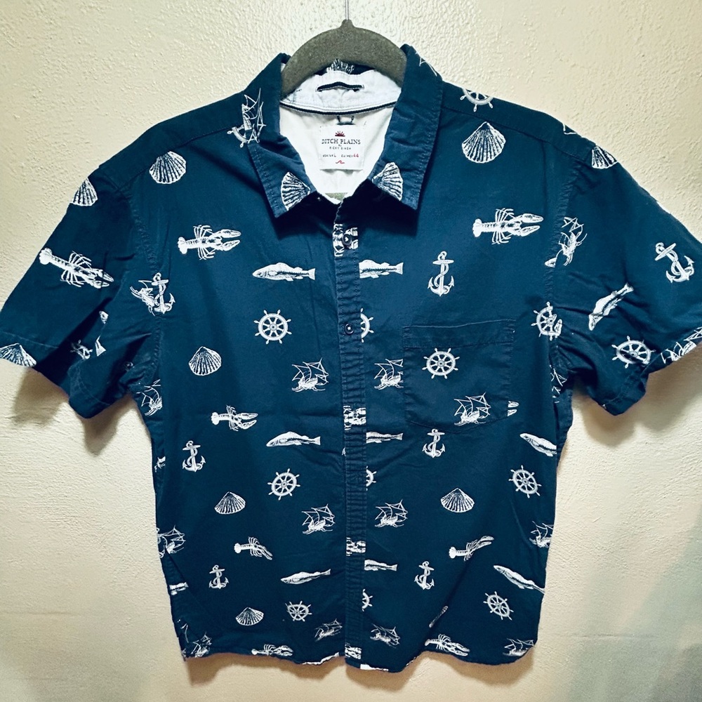 Ditch Plains Blue Casual Button Down Shirt Nautical Print